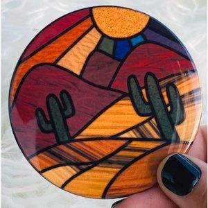 Southwestern Purse Mirror Faux Stained Glass Desert 3"